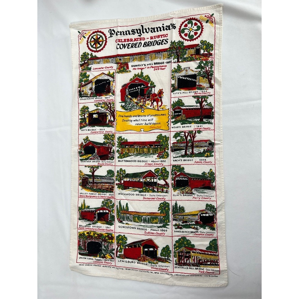 Penn Dutch Textiles Tea Towel Pennsylvania Covered Bridge Cottagecore Rustic